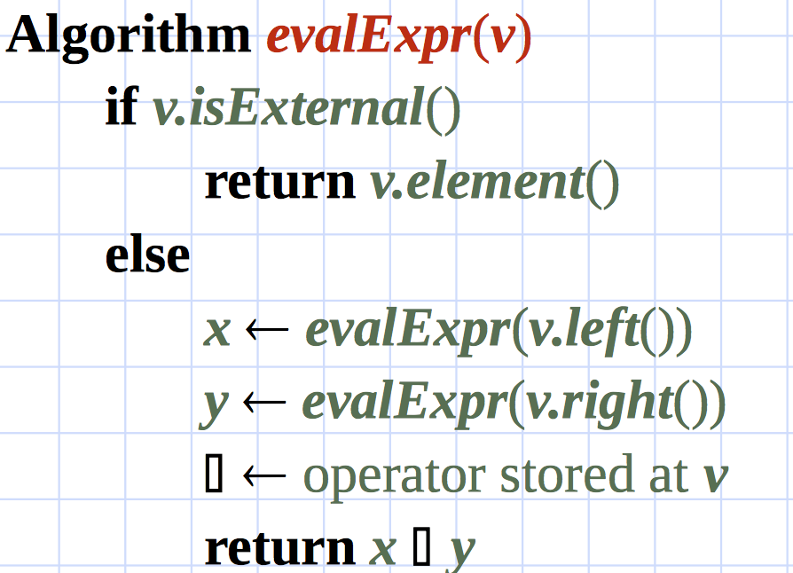 evaluate an arithmetic expression represented by a binary tree. Hint: Use induction