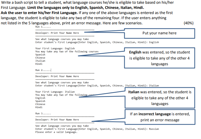 Please provide a bash script for the question below thats output matches