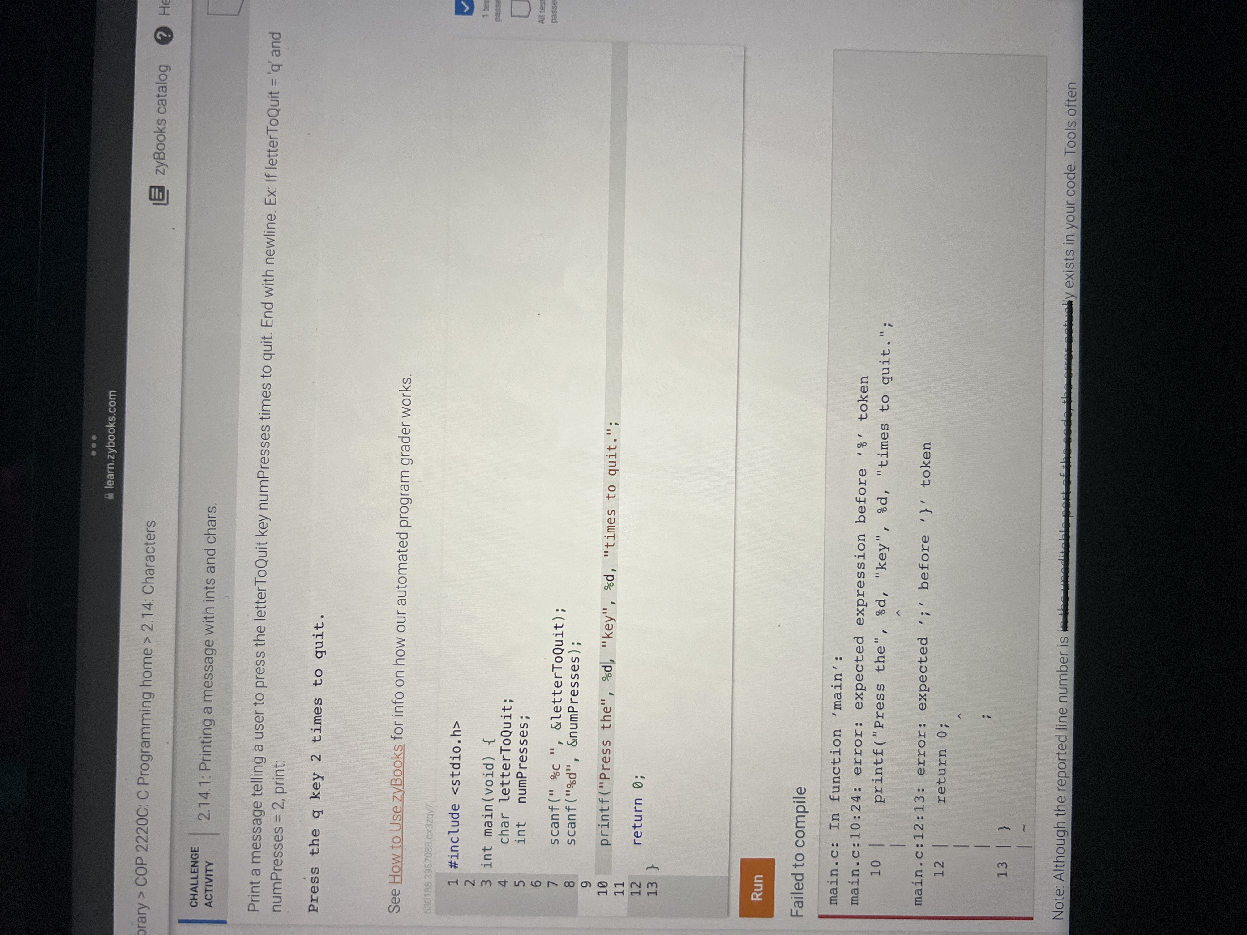  2.14.1: Printing a message with ints and chars. Print a message
