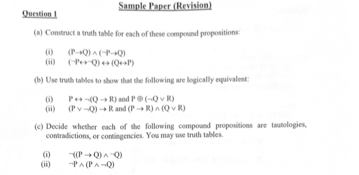  Sample Paper (Revision) Question 1 (a) Construct a truth table for