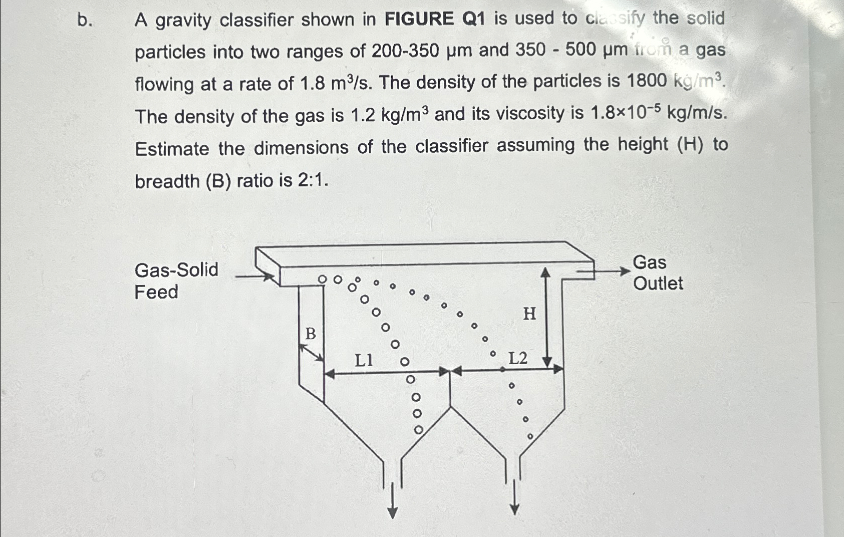  b. A gravity classifier shown in FIGURE Q1 is used to