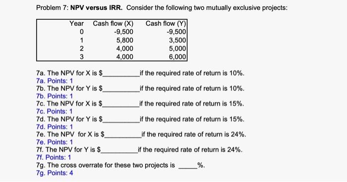  Problem 7: NPV versus IRR. Consider the following two mutually exclusive