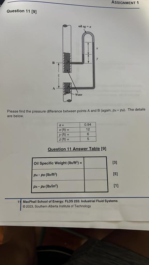  Question 11 [9] Please find the pressure difference between points A