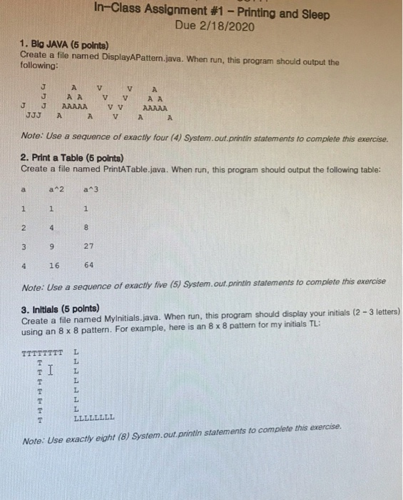 Help with 1-3. In-Class Assignment #1 - Printing and Sleep Due 2/18/2020