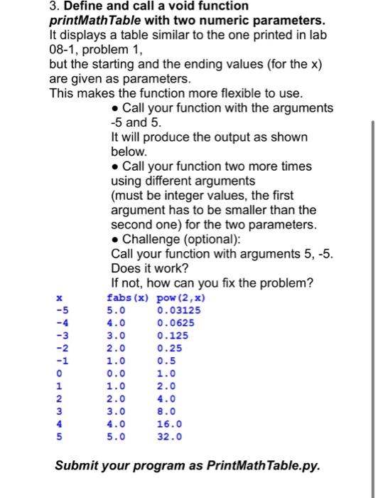  3. Define and call a void function printMathTable with two numeric