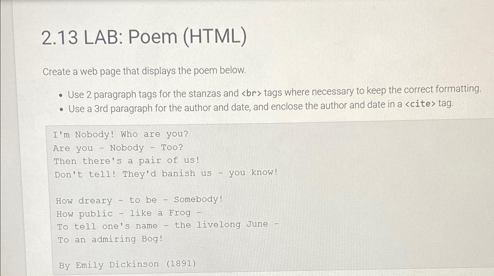  2.13 LAB: Poem (HTML) Create a web page that displays the
