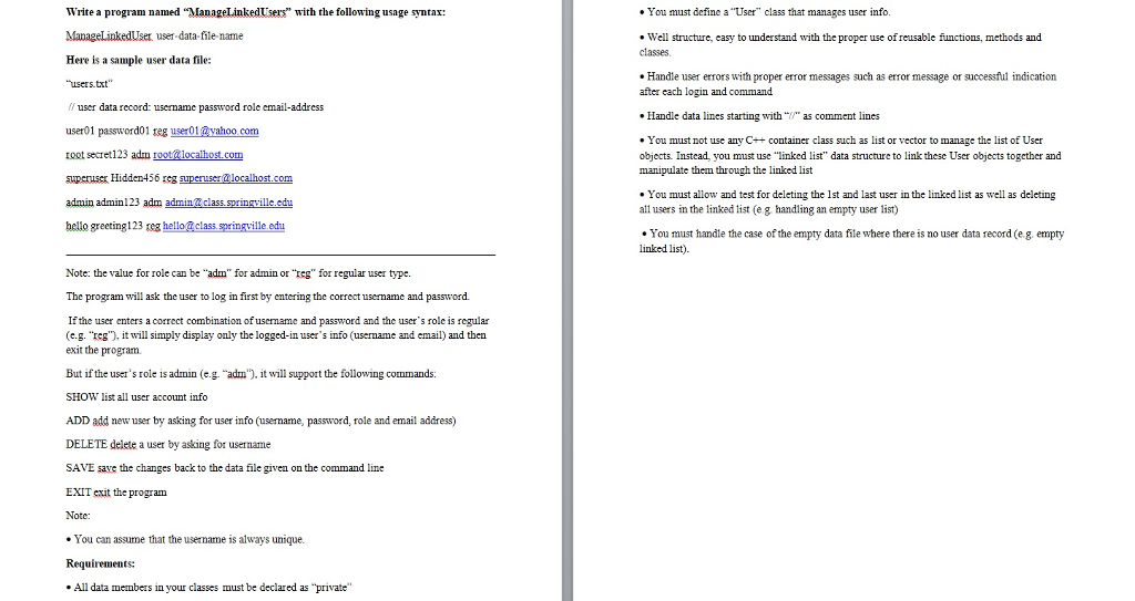 Write a C++ Program that utilizes link lists and filestream to read