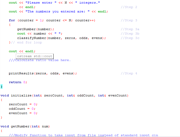 initialize (int& zeroCount, int& oddCount, int& evenCount) void getNumber (int& num) void