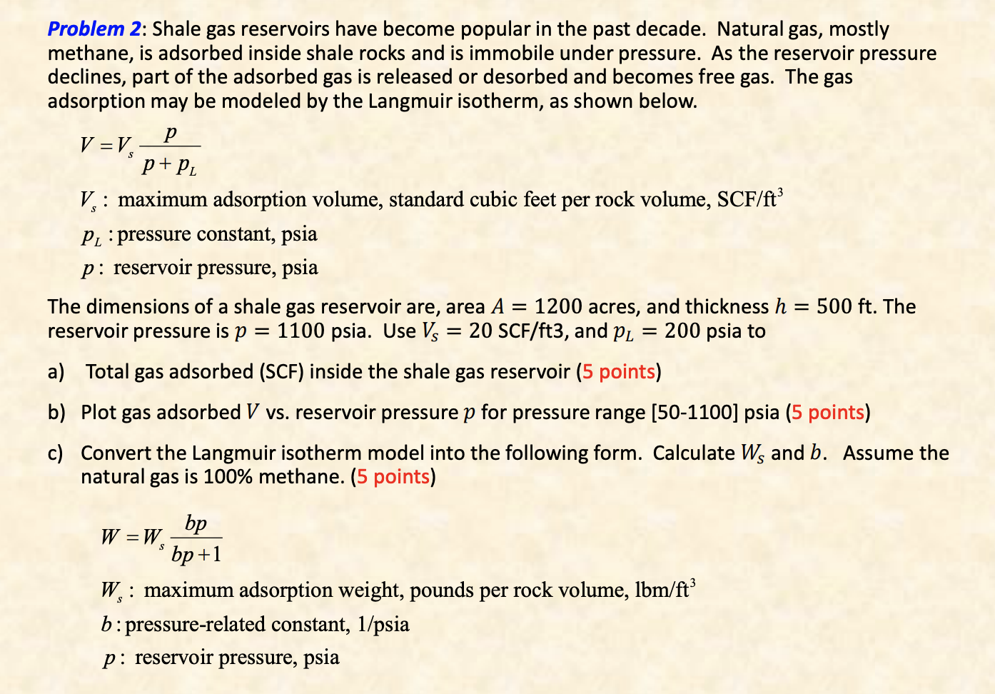 Please show all steps and process Problem 2: Shale gas reservoirs have