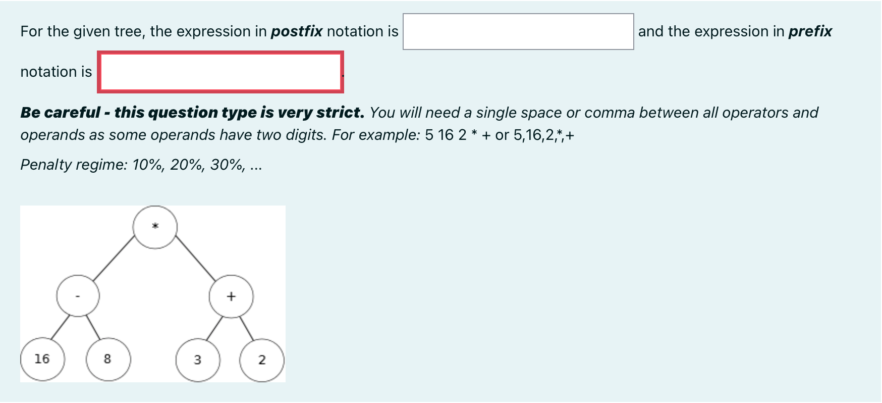 For the given tree, give postfix and prefix notation? Be careful -