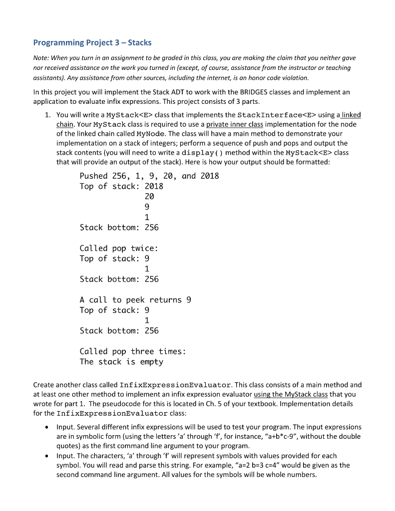  Programming Project 3- Stacks Note: When you turn in an assignment