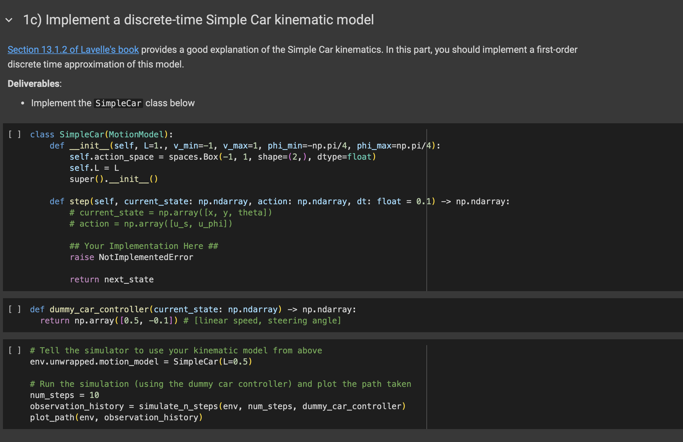  1c) Implement a discrete-time Simple Car kinematic model Section 13.1.2 of