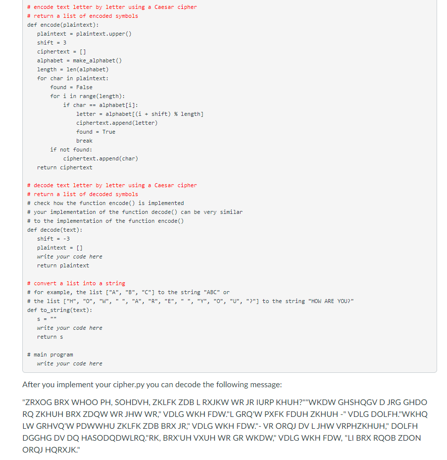 Exceptions 4. Files 5. Functions Instruction Caesar Cipher Objective: practicing with lists,