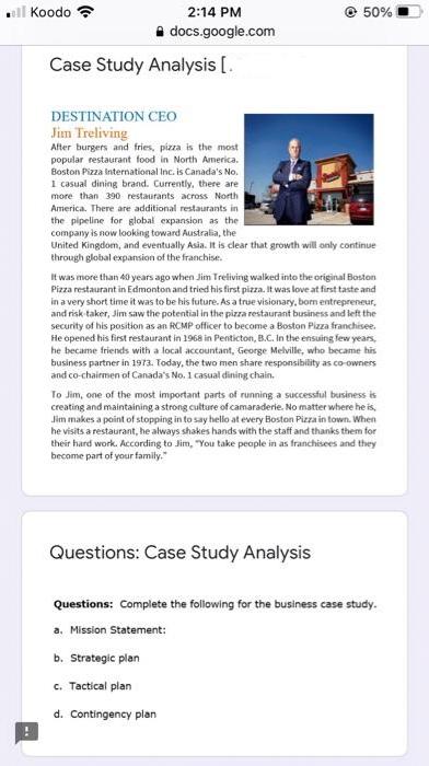  50% . Koodo 2:14 PM docs.google.com Case Study Analysis [. DESTINATION
