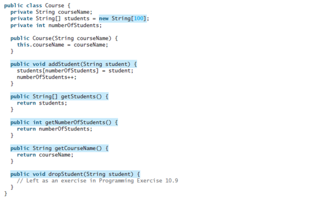 Rewrite the Course class in Listing 10.6. Use an ArrayList to replace