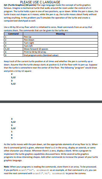  PLEASE USE CLANGUAGE 02: (Turtle Graphics) 50 points) The Logo language