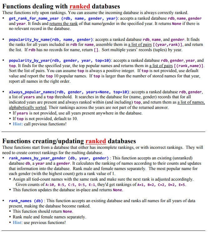 sorted in ascending order. total_count_for_name (db, name, gender) : This function accepts