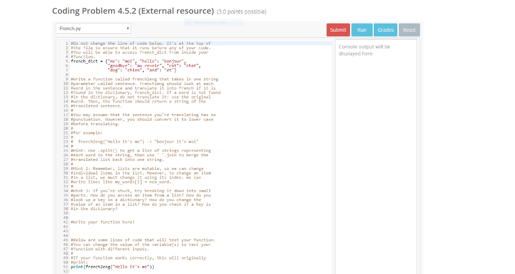 dictionaries - Coding Problem 4.5.2 (External resource) (3.0 points possible) French.py Submit