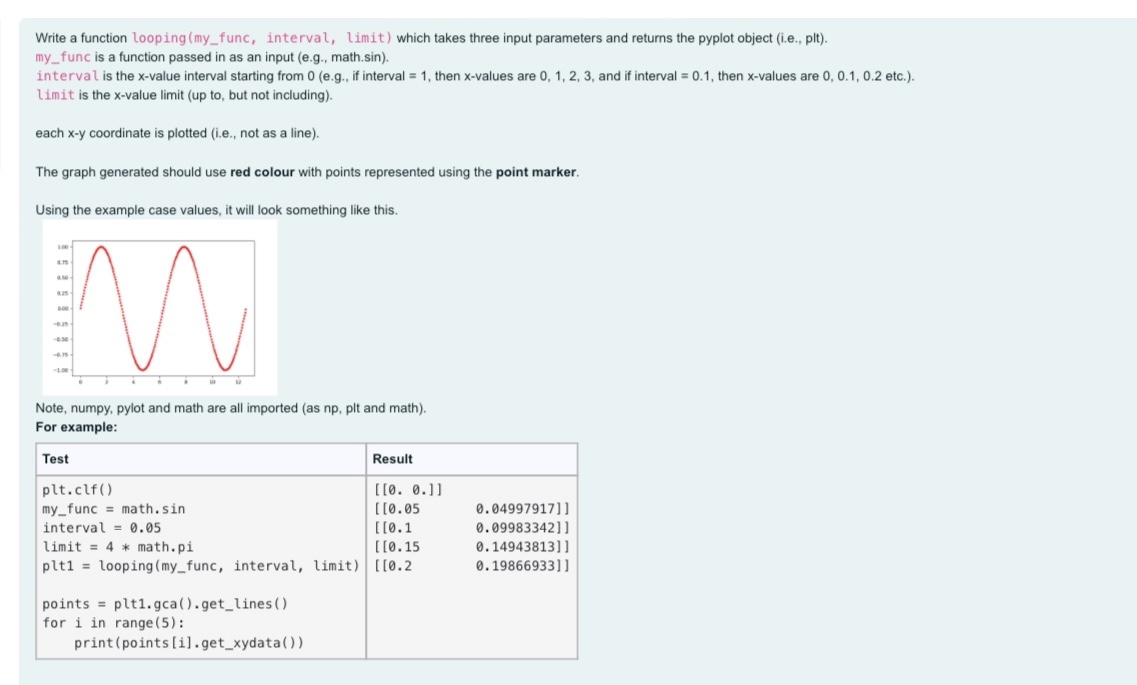  Write a function looping (my_func, interval, limit) which takes three input