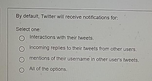 By default, Twitter will receive notifications for: Select one: Interactions with