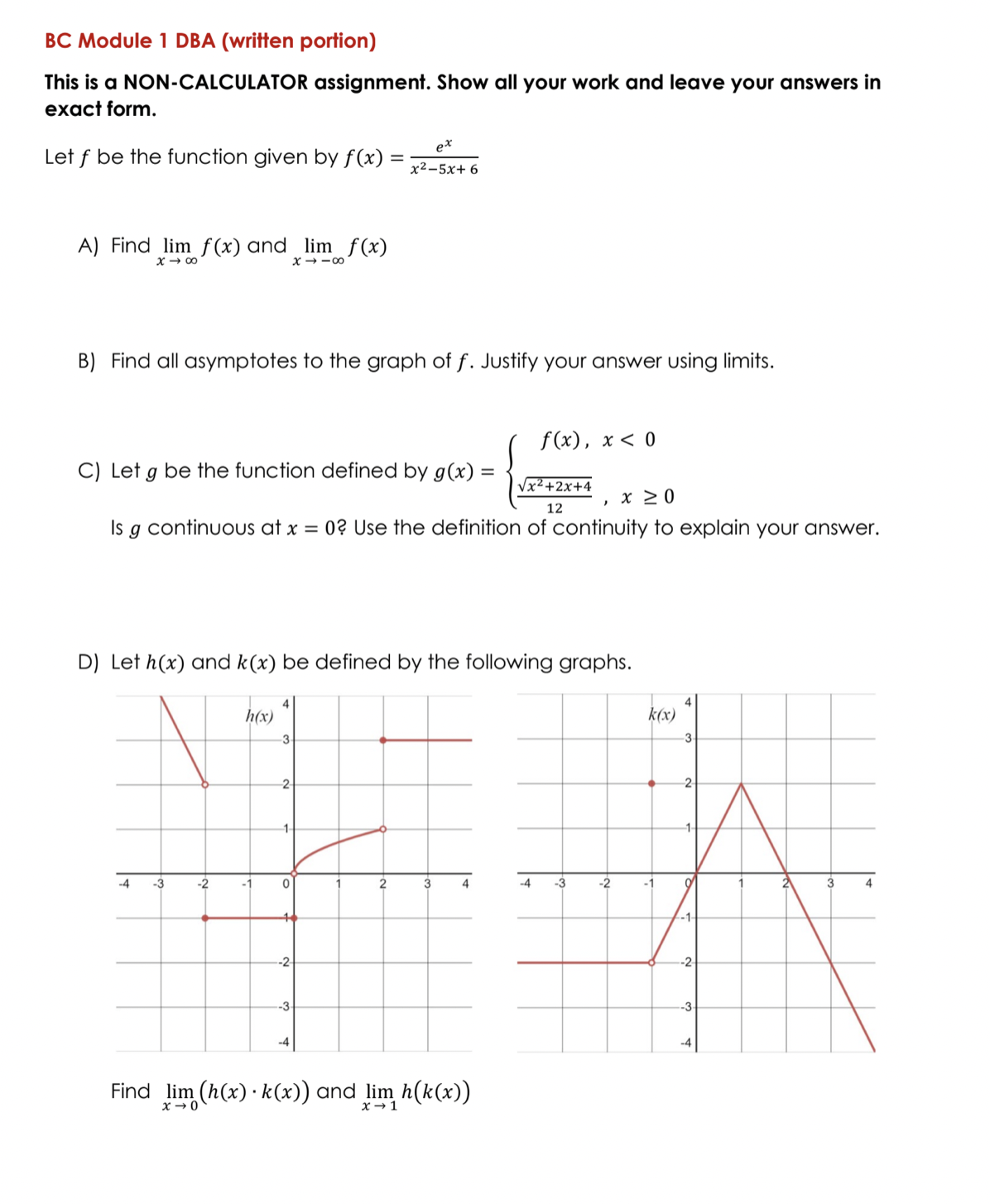  BC Module 1 DBA (writfen portion) This is a NON-CALCULATOR assignment.