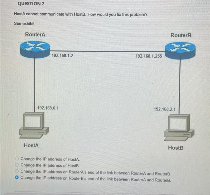  HostA cannot communicate with HostB. How would you fix this problem?