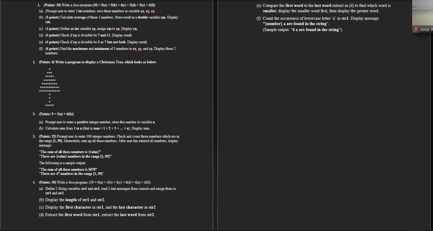  1. (Points: 30) Write a Java program (30=5(a)+5(b)+4(c)+5(d)+5(e)+6(f)) (e) Compare the