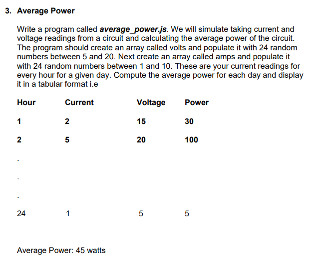 I need help with a javascript assignment: 3. Average Power Write a