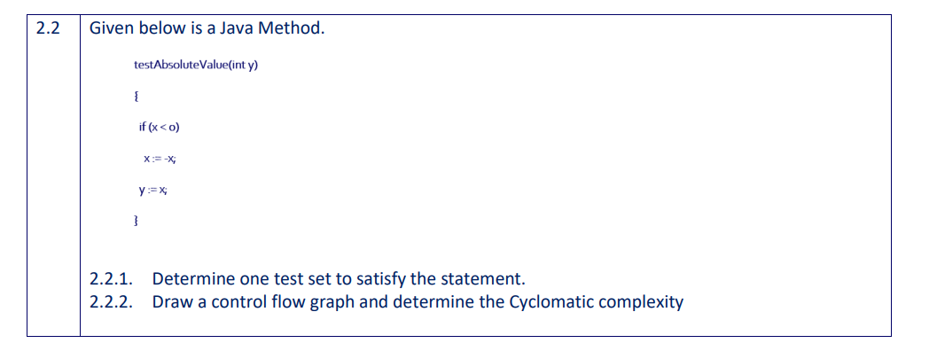  2.2 Given below is a Java Method. testAbsoluteValue(int y) { if