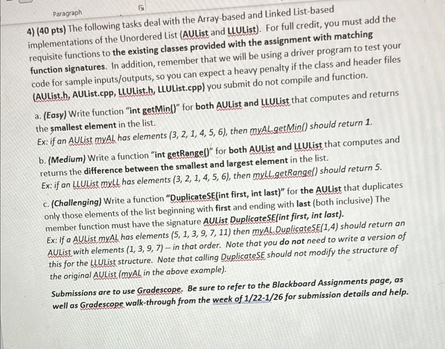  Paragraph x2 (40pts) The following tasks deal with the Array-based and