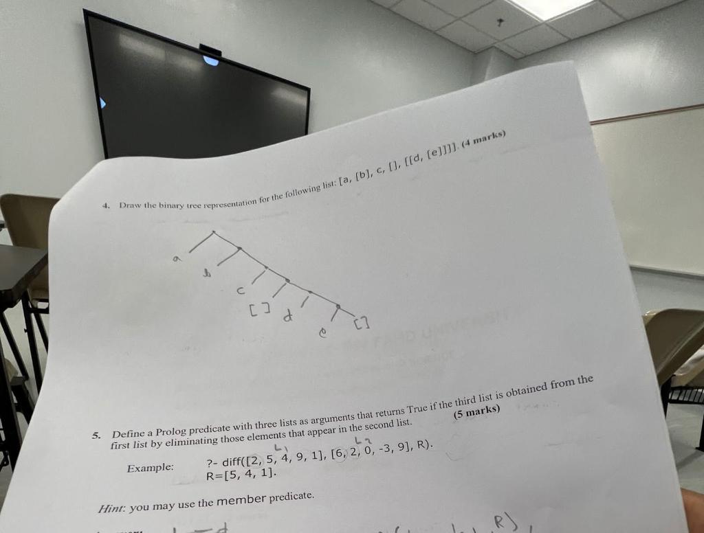  4. Draw the binary tree representation for the following list: [a,[b],c,[],[[d,[e]]],(4