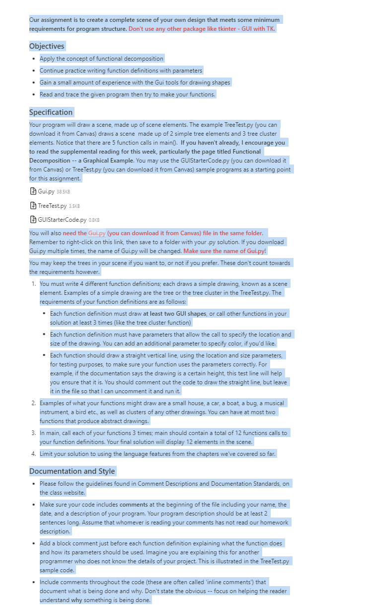  In python Our assignment is to create a complete scene of