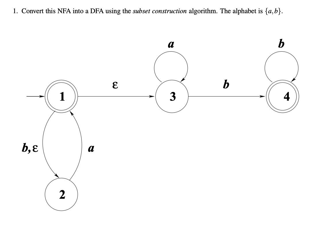 1. Convert this NFA into a DFA using the subset construction