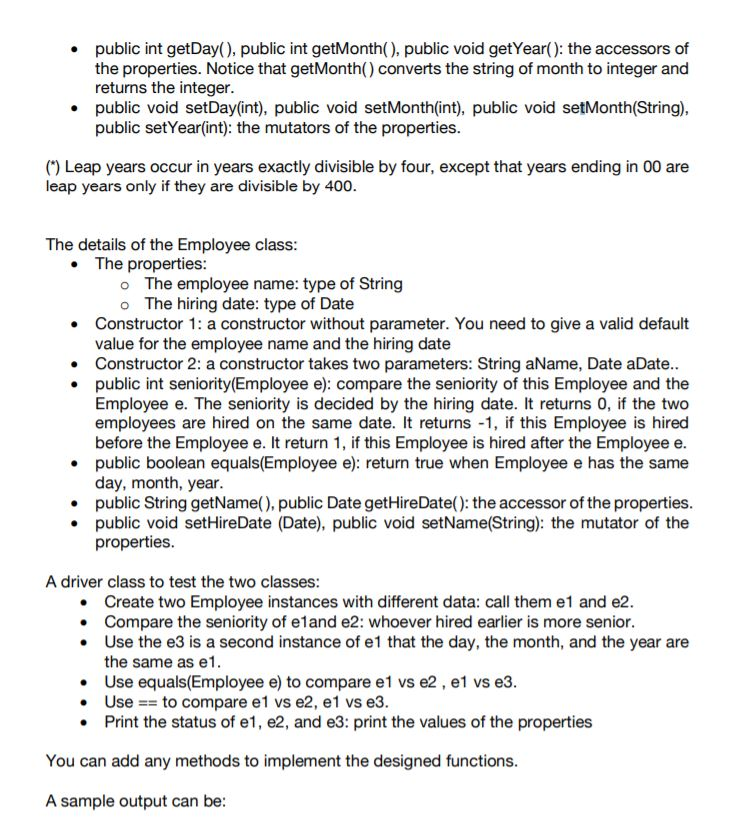 application to manage employees. Two classes, Date and Employee, are designed. The