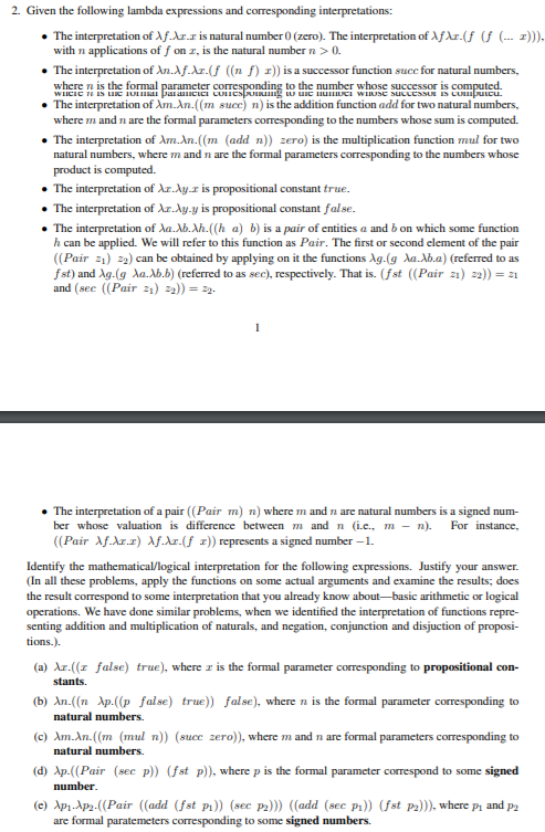  2. Given the following lambda expressions and corresponding interpretations: The interpretation