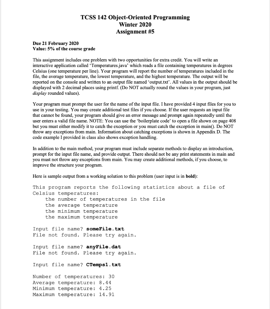  TCSS 142 Object-Oriented Programming Winter 2020 Assignment #5 Due 21 February