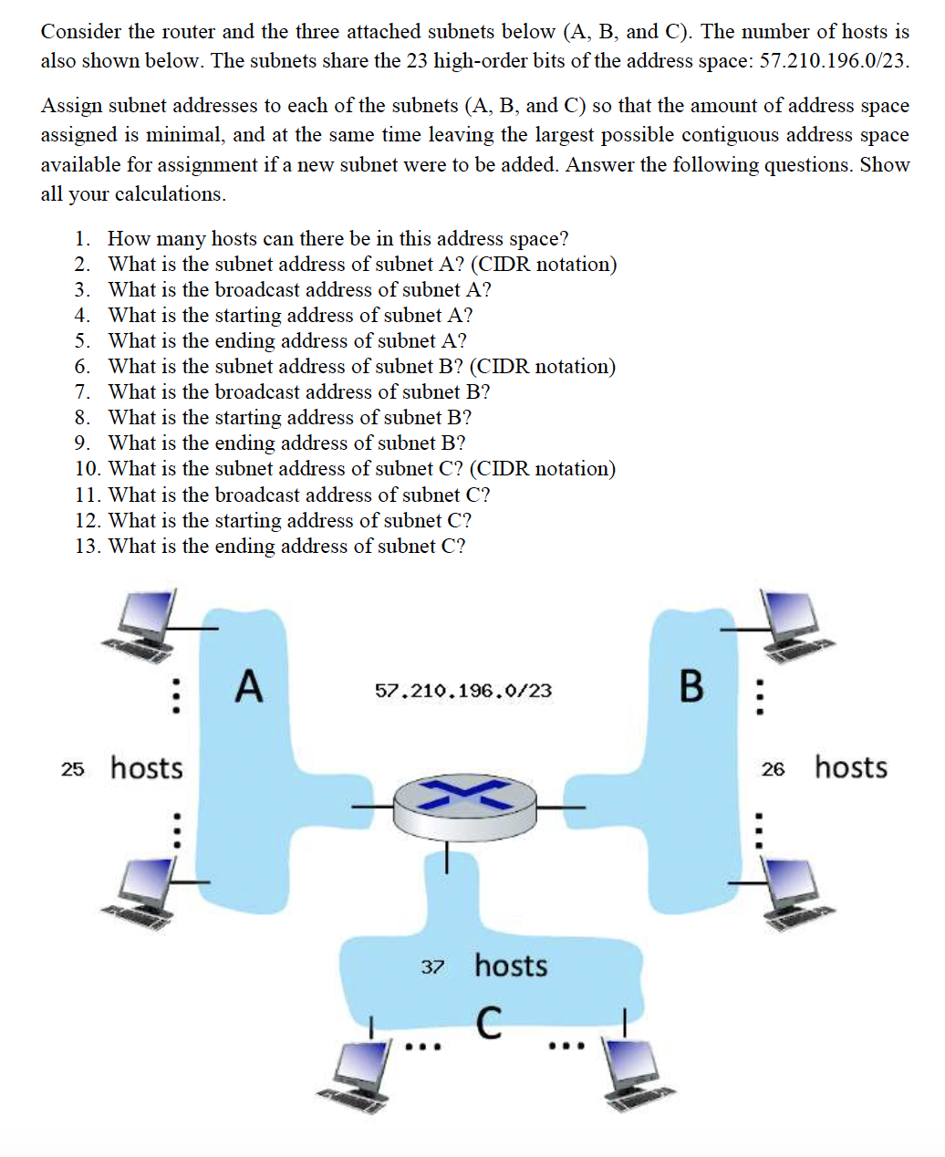  Consider the router and the three attached subnets below (A, B,