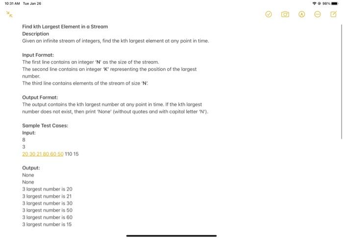  Find kth Largest Element in a Stream Description Given an infinite