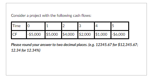  Consider a project with the following cash flows: Please round your
