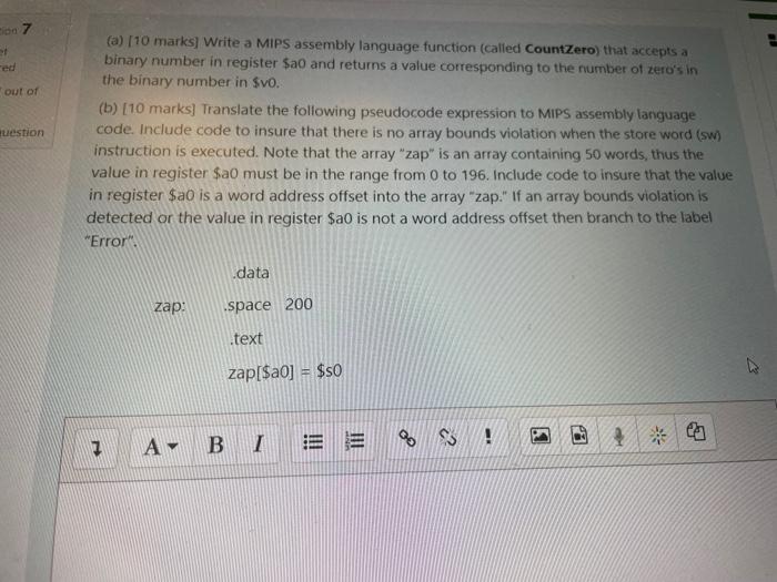  (a) [10 marks] Write a MiPS assembly language function (called CountZero)