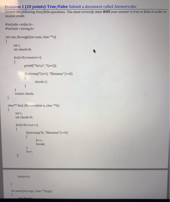  Problem 1 (20 points)-True/False Submit a document called Answers.doc Answer the