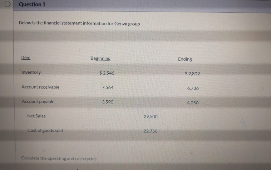 Question 1 Below is the financial statement information for Genva group