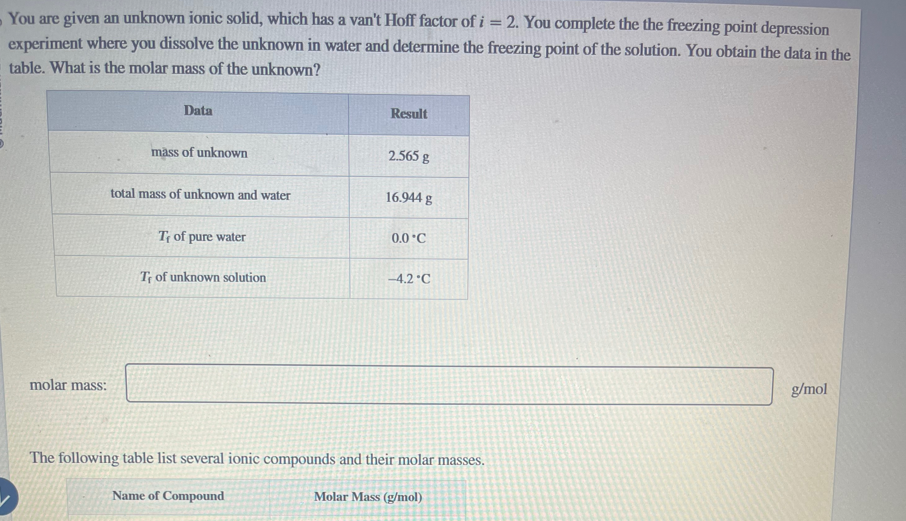  You are given an unknown ionic solid, which has a van't