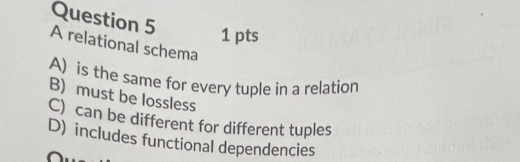  Question 5 A relational schema A) is the same for every