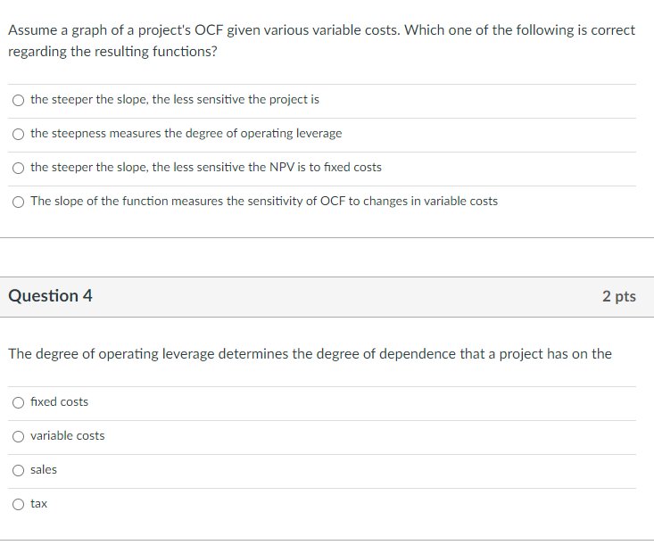 Assume a graph of a project's OCF given various variable costs.
