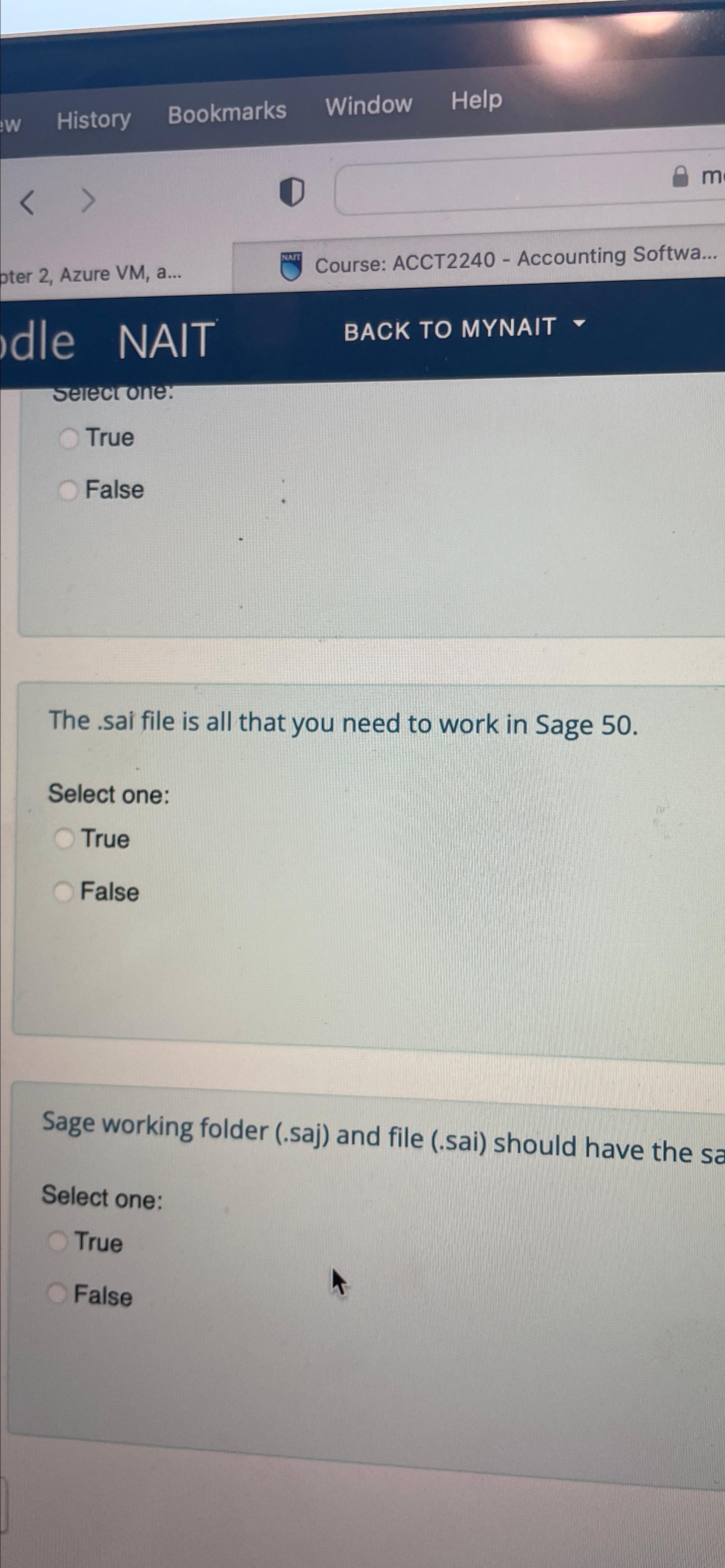  History Bookmarks Window Help 2, Azure VM, a... Course: ACCT2240- Accounting
