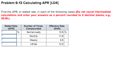  Problem 6-13 Calculating APR [LO4] Find the APR, or stated rate,