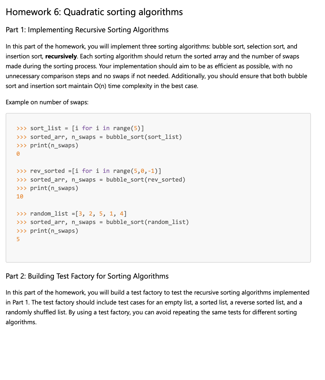  Homework 6: Quadratic sorting algorithms Part 1: Implementing Recursive Sorting Algorithms