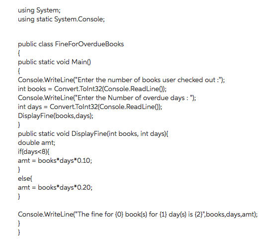 FineForOverdueBooks. TheMain() method asks the user to input the number of books