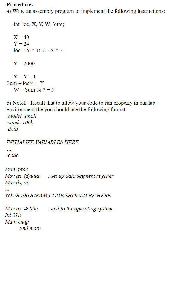 Code in MASM windows Procedure: a) Write an assembly program to implement